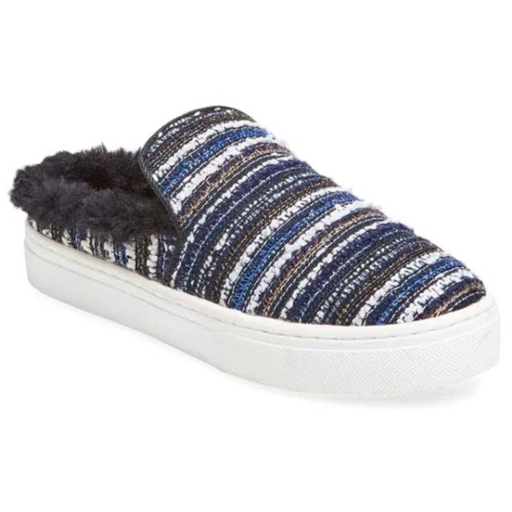 SAM EDELMAN Lois Slide Fur Platform Sneakers Metallic Blue Stripes Slip-on Shoes